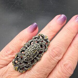 Sterling Silver Marcasite Ring Vintage Cocktail Glam Intricate Size 7.5 HS307